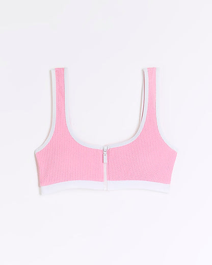 Pink Zip Front Textured Bikini Top