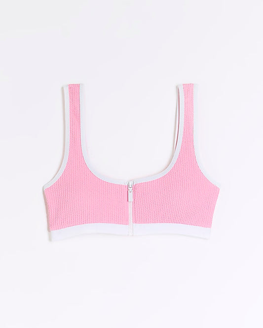 Pink Zip Front Textured Bikini Top