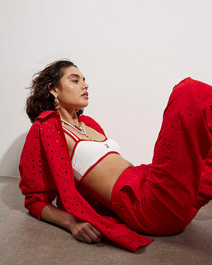 Red Broderie Wide Leg Trousers