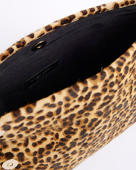 Brown Leopard Print Leather Clutch Bag