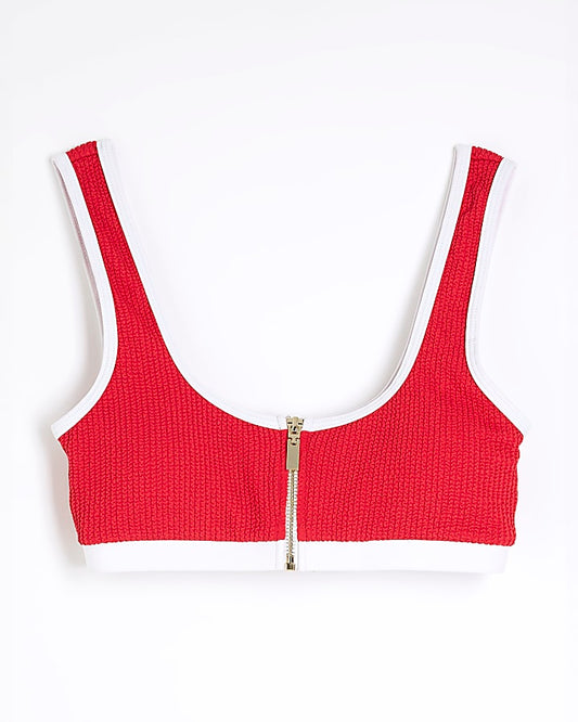 Red Zip Front Cami Textured Bikini Top