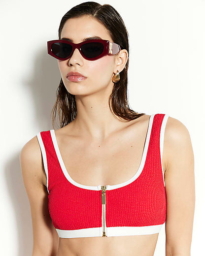 Red Zip Front Cami Textured Bikini Top