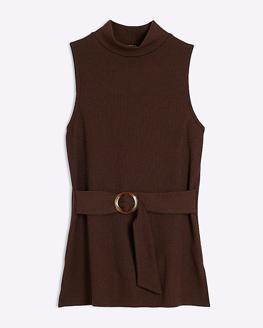 Brown Ribbed Belt Tunic