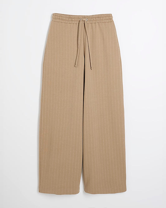Beige Drawstring Pinstripe Trousers