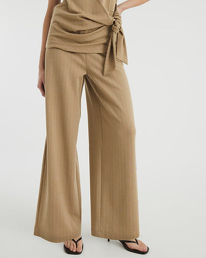 Beige Drawstring Pinstripe Trousers