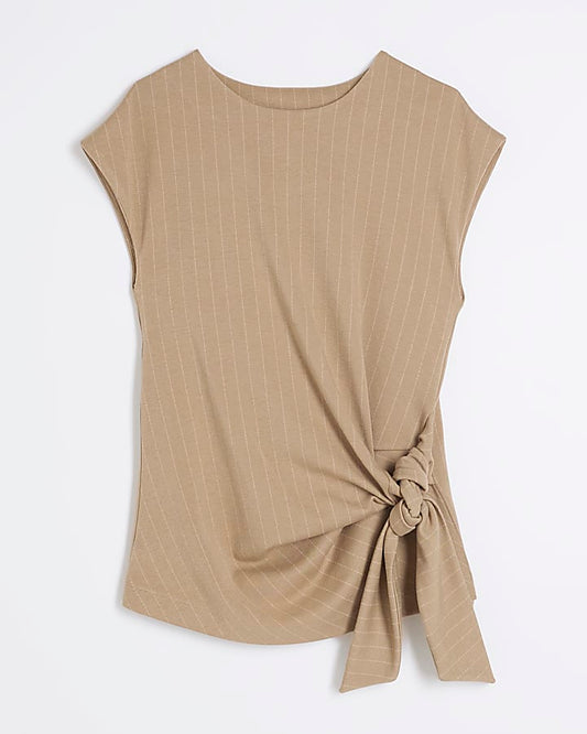 Beige Short Sleeve Pinstripe Tie Detail Top