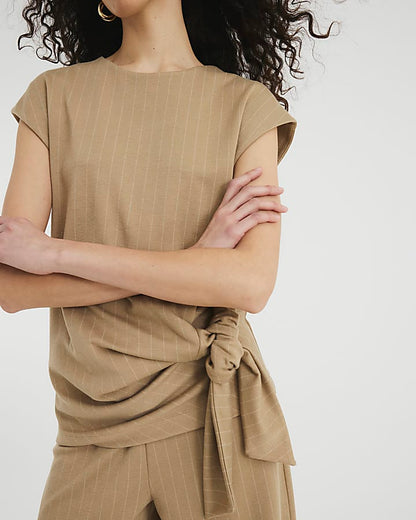 Beige Short Sleeve Pinstripe Tie Detail Top
