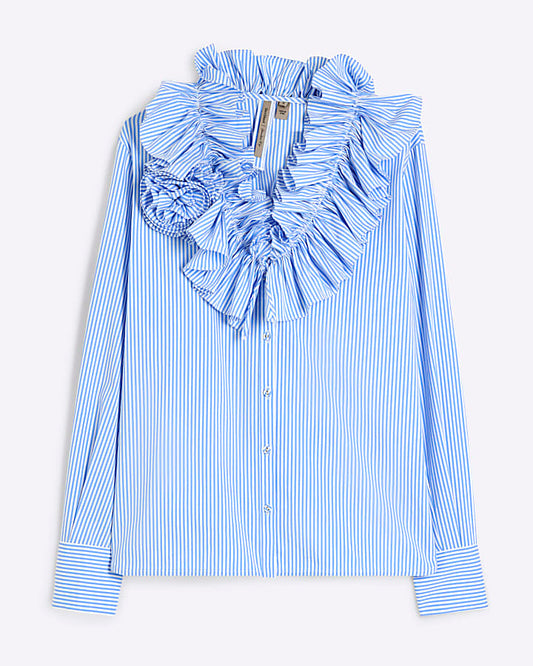 Blue Stripe Long Sleeve Ruffle Shirt