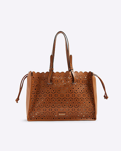 Brown Laser Cut Large Tote Bag