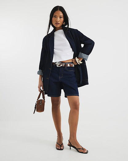 Petite Blue Denim Longline Bermuda Shorts