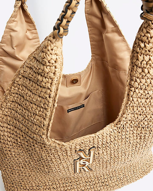 Beige RR Raffia Shopper Bag