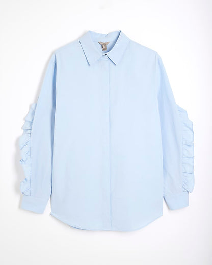 Blue Long Sleeve Ruffle Back Shirt