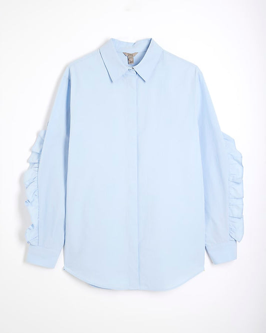Blue Long Sleeve Ruffle Back Shirt
