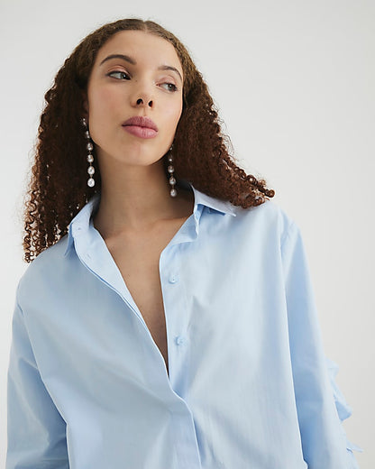 Blue Long Sleeve Ruffle Back Shirt