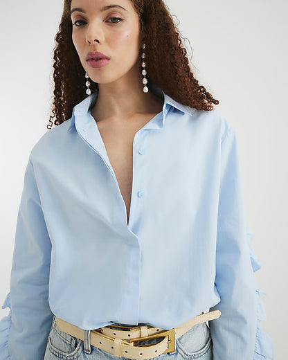 Blue Long Sleeve Ruffle Back Shirt
