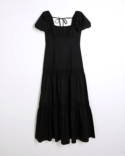 Black Short Puff Sleeve Midi Dress
