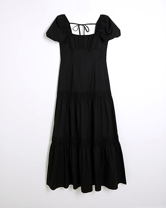 Black Short Puff Sleeve Midi Dress