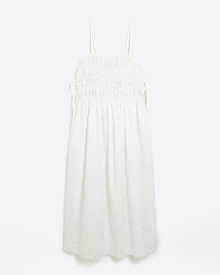 White Broderie Shirred Maxi Dress