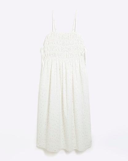 White Broderie Shirred Maxi Dress
