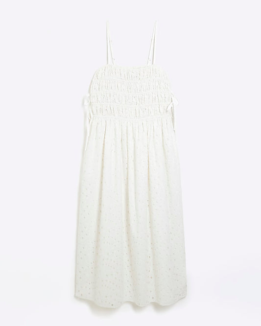 White Broderie Shirred Maxi Dress