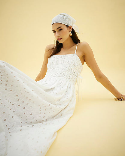 White Broderie Shirred Maxi Dress