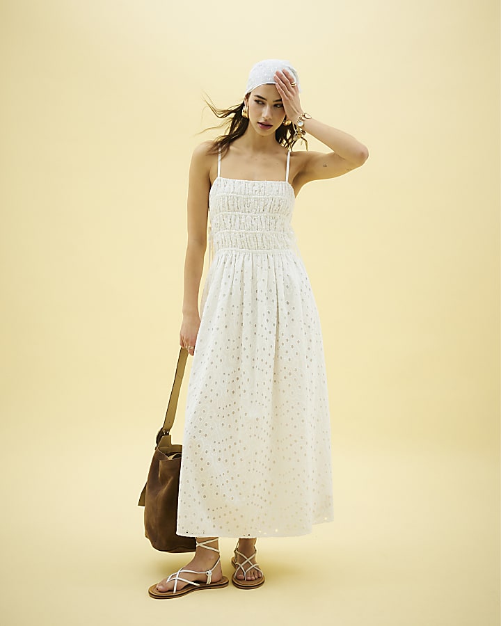 White Broderie Shirred Maxi Dress