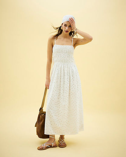 White Broderie Shirred Maxi Dress