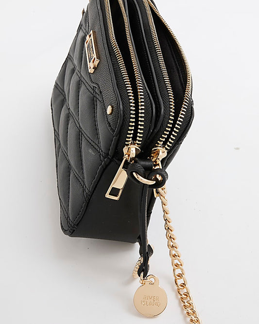 Black Faux Leather Quilted Cross Body Bag