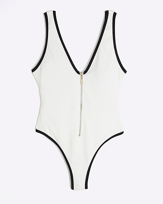 Petite White Zip Textured Swimsuit