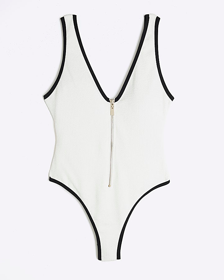 Petite White Zip Textured Swimsuit