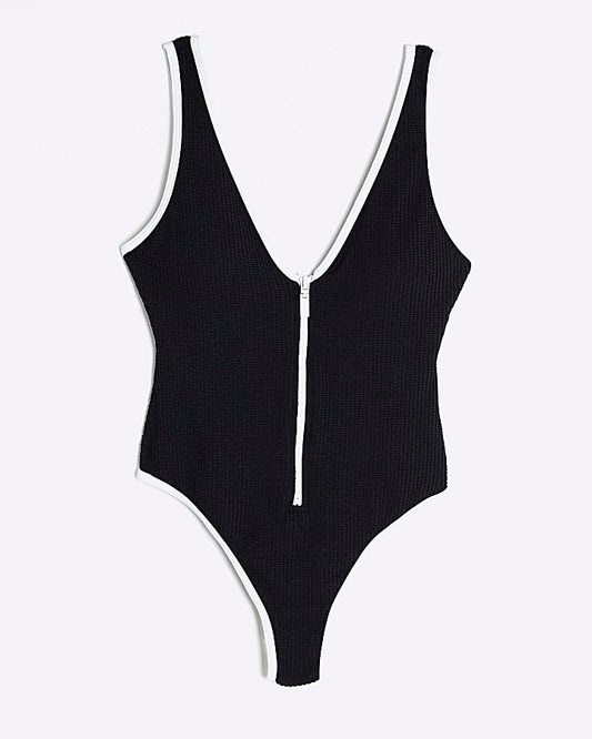 Petite Black Zip Textured Swimsuit