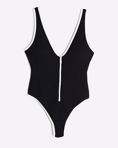 Petite Black Zip Textured Swimsuit