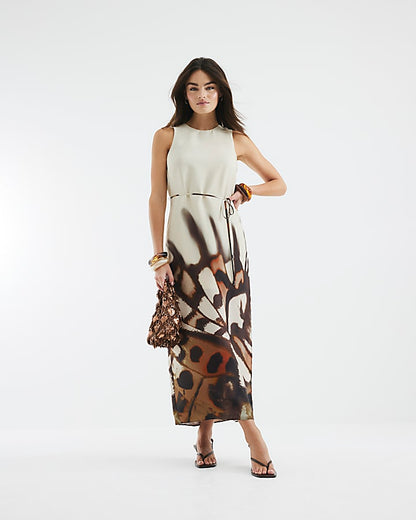 Cream Abstract Print Slip Midi Dress