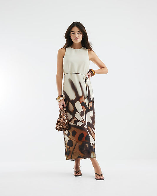 Cream Abstract Print Slip Midi Dress
