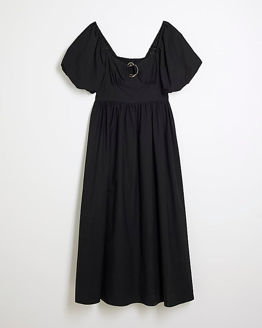 Black Short Sleeve Ring Detail Midi Dress