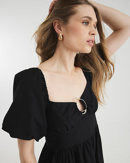 Black Short Sleeve Ring Detail Midi Dress