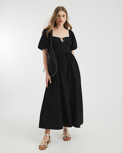 Black Short Sleeve Ring Detail Midi Dress