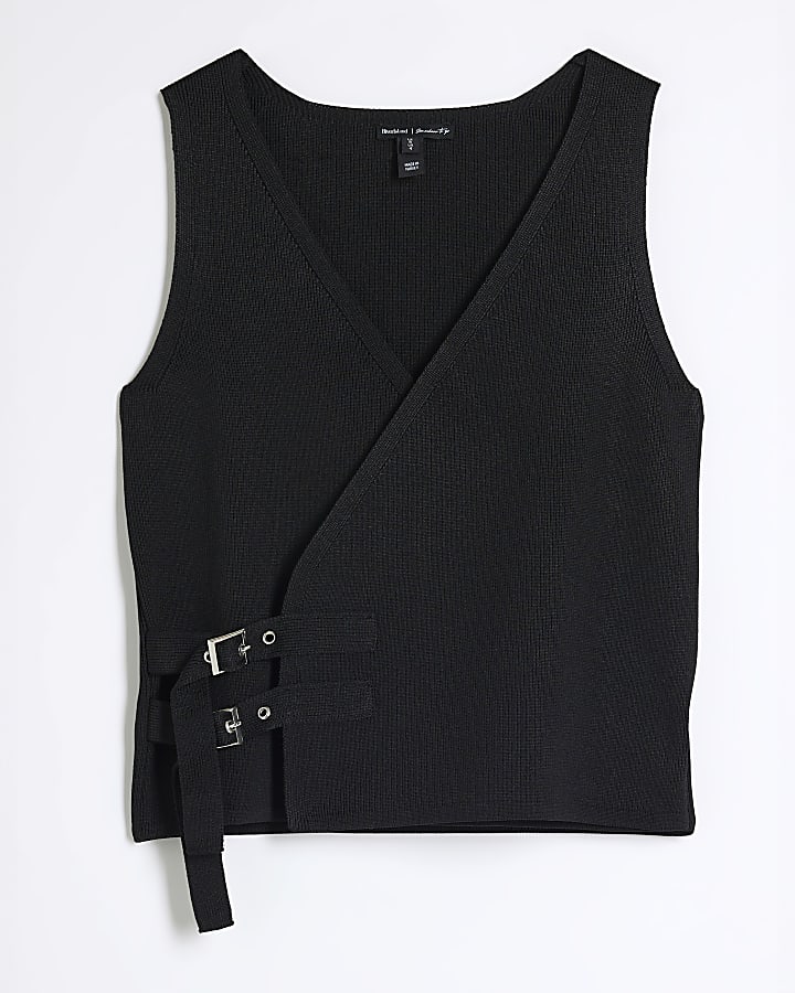 Black Knitted Wrap Buckle Vest