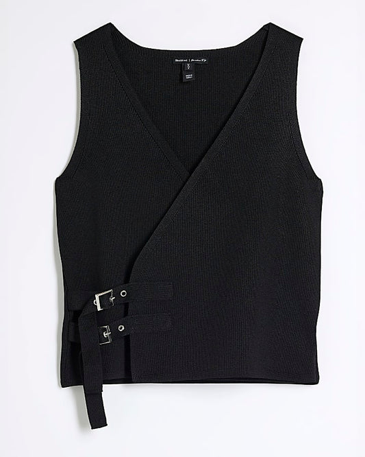 Black Knitted Wrap Buckle Vest