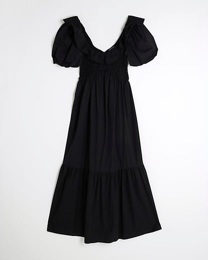 Black V Neck Frill Midi Dress