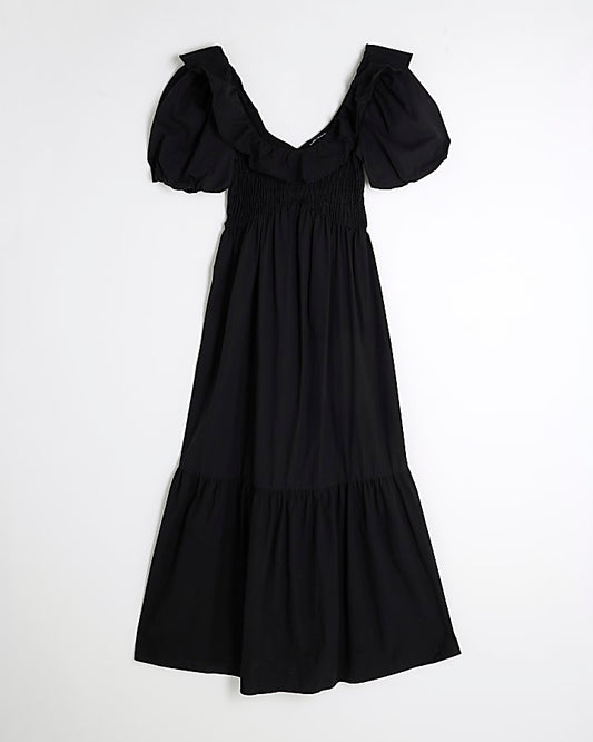 Black V Neck Frill Midi Dress