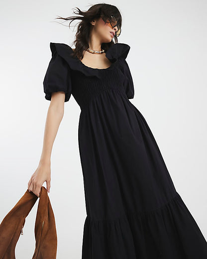 Black V Neck Frill Midi Dress