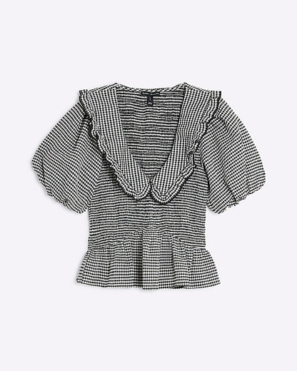 Black Gingham Short Sleeve Collared Top