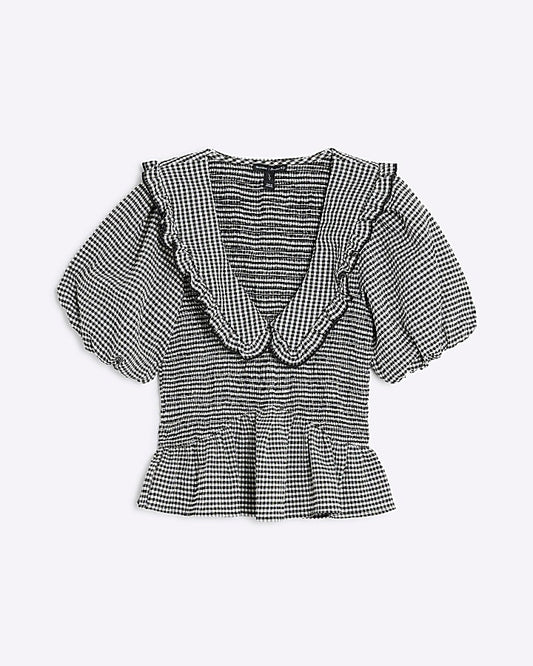 Black Gingham Short Sleeve Collared Top