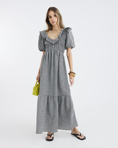 Black Gingham V Neck Frill Midi Dress