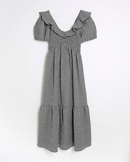 Petite Black Gingham V Neck Frill Midi Dress
