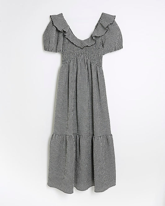Petite Black Gingham V Neck Frill Midi Dress