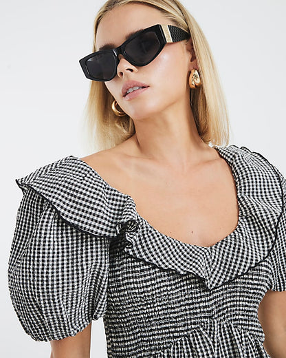 Petite Black Gingham V Neck Frill Midi Dress