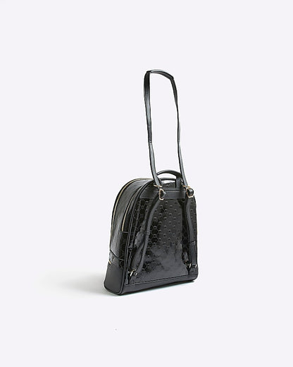Black Patent Embossed Monogram Print Backpack