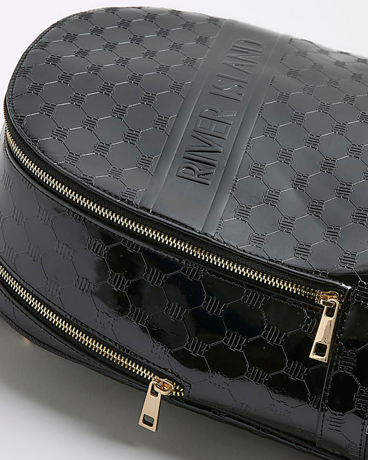 Black Patent Embossed Monogram Print Backpack